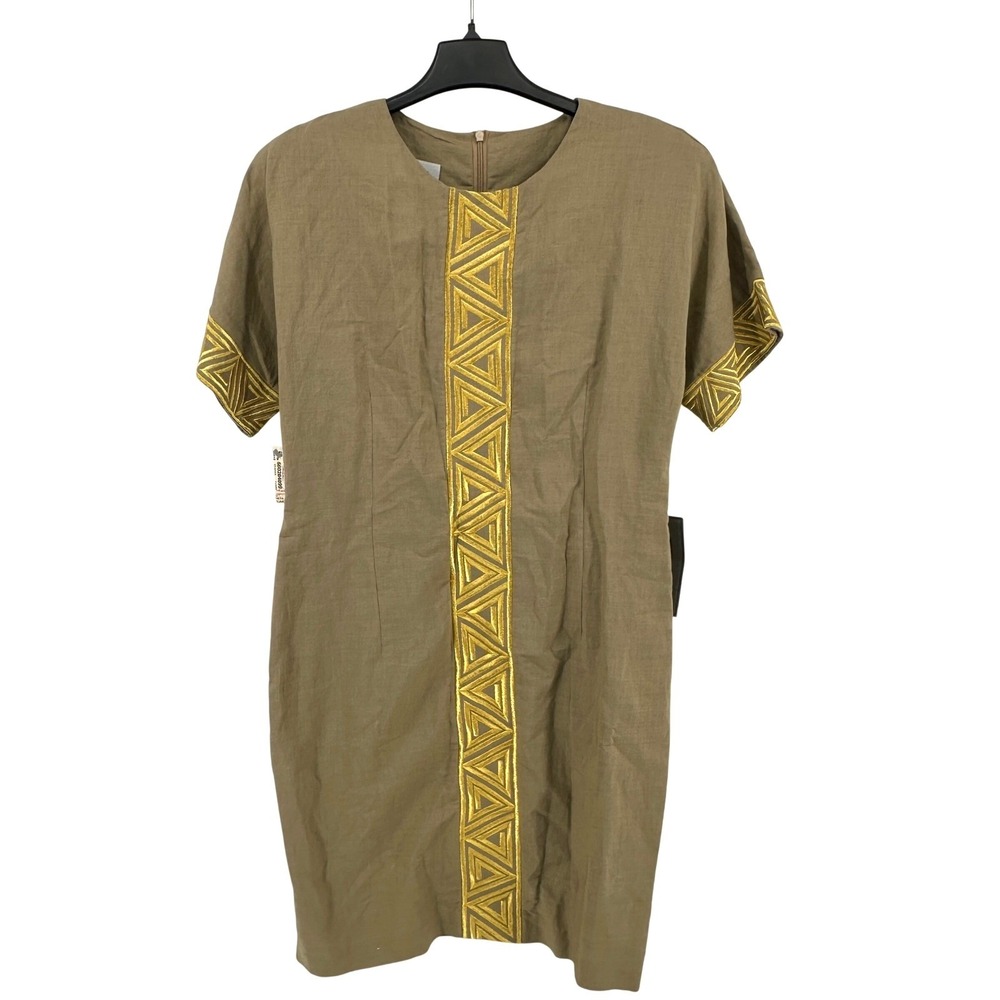 ET AL Shift Dress Women 14 Taupe Geometric Embroidered Straight Fit Vintage